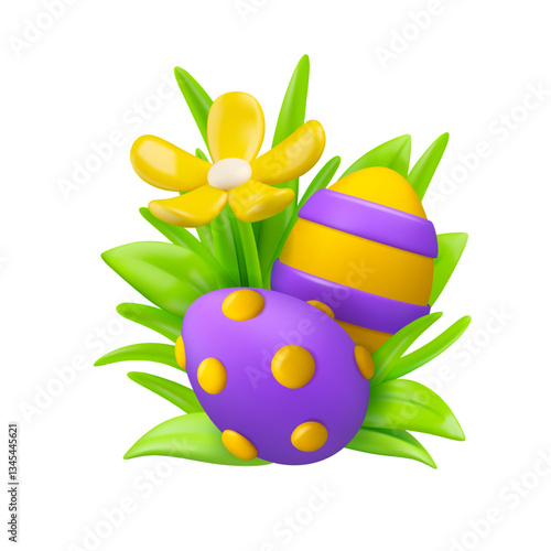 Easter egg hunt vector 3d icon. Cartoon eggs with dots and stripes in green grass with daisy flower and leaves. Cute Easter holiday illustration