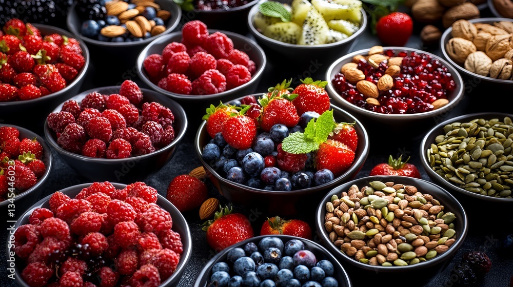 Assorted superfoods selection featuring fresh fruits, berries, nuts, and seeds for healthy eating Assorted superfoods selection featuring fresh fruits, berries, nuts, and seeds for healthy eating