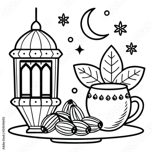 Ramadan Celebration with Traditional Tea and Dates Coloring Page for Kids