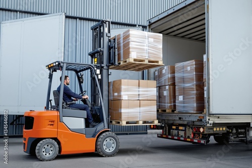 Wallpaper Mural Warehouse worker operating forklift to load cargo onto truck. Torontodigital.ca