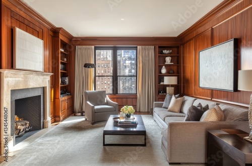 Wallpaper Mural A living room with an elegant sofa, armchairs, and coffee tables in light gray fabric, with soft colors and wooden panels on the walls, and a marble fireplace. Torontodigital.ca