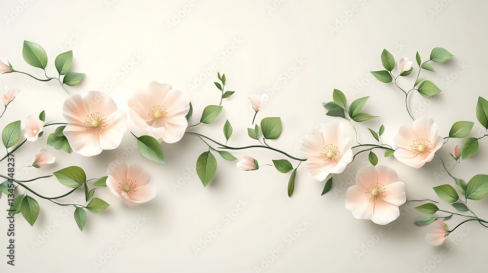 Fototapeta premium A delicate arrangement of soft pink flowers and green leaves on a light background.