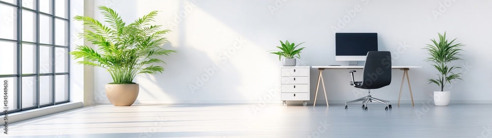 Modern Home Office Interior with Plants and Natural Light Modern Home Office Interior with Plants and Natural Light