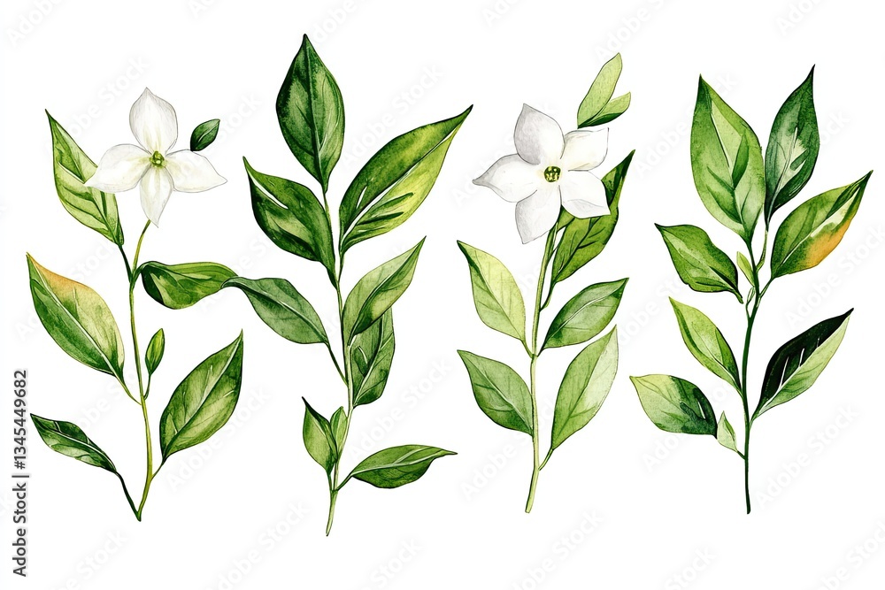 Set of watercolor Jasmine Leaves hand drawn on a white background Set of watercolor Jasmine Leaves hand drawn on a white background
