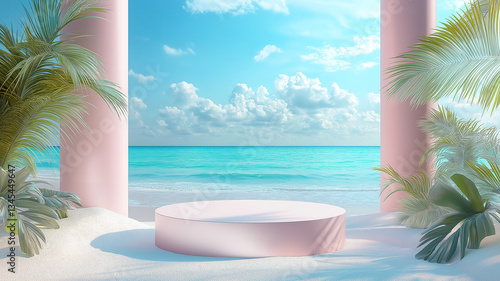 Tropical beach podium with ocean waves and sand for vacation-themed product showcase