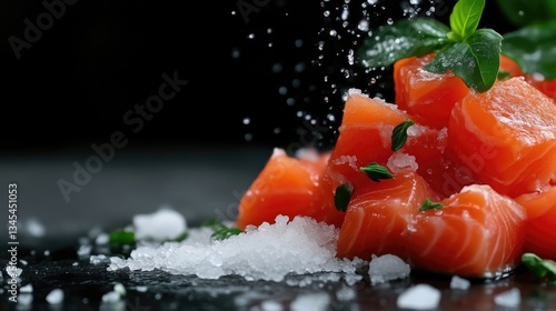 Fresh salmon cubes with herbs and salt.  Prepared for cooking