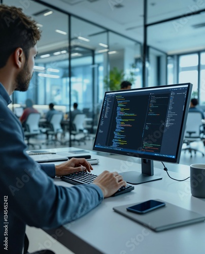 A Developer coding on a monitor, with screen displaying complex software. Represents technology, programming, and innovation. Perfect for web development, cybersecurity, and IT concepts.