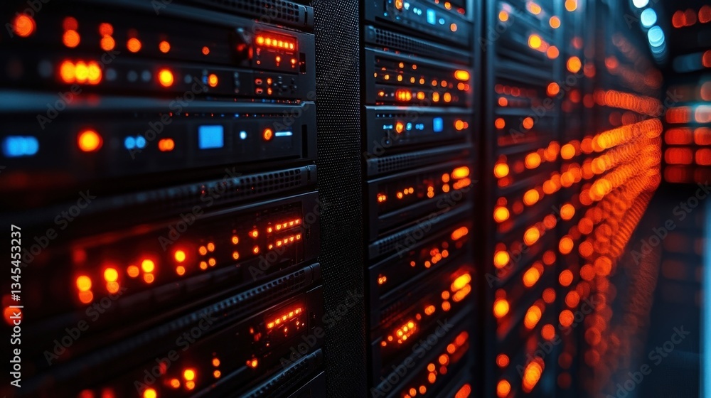 Illuminated Server Racks Displaying Data Processing in Darkened Data Center Illuminated Server Racks Displaying Data Processing in Darkened Data Center