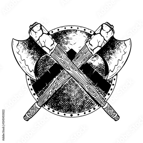 illustration artwork viking axe and shield crosshatching clothing black and white streetwear tshirt graphic