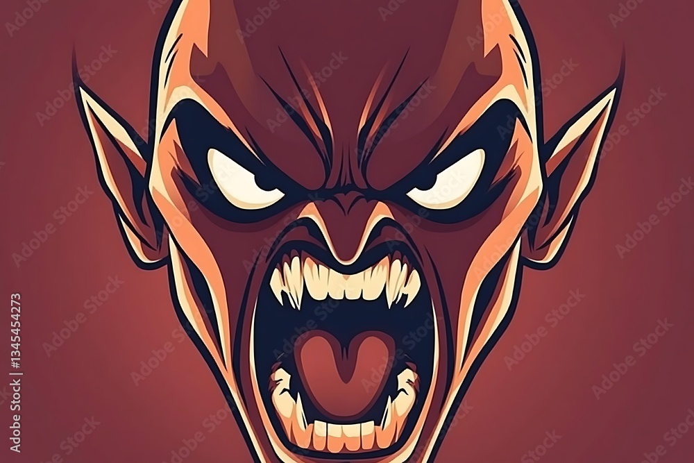 Furious Demon Head for Red Background, Vector Art. Furious Demon Head for Red Background, Vector Art.