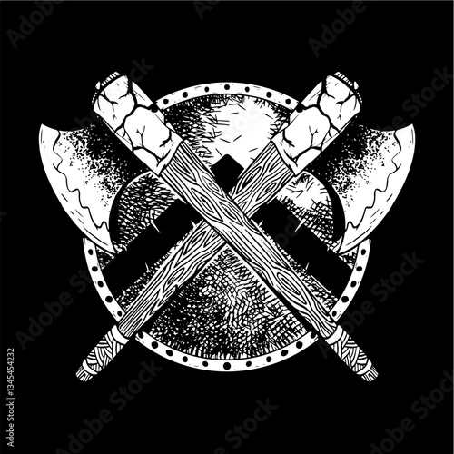 illustration artwork viking axe and shield crosshatching clothing black and white streetwear tshirt graphic