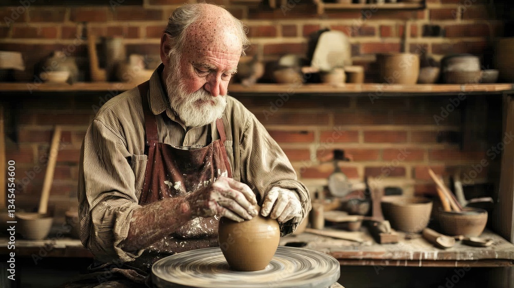 Elderly potter meticulously crafting clay pot on a pottery wheel in his workshop. Elderly potter meticulously crafting clay pot on a pottery wheel in his workshop.