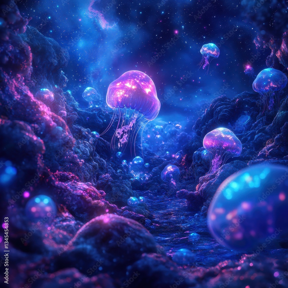 Fototapeta premium Glowing Jellyfish in a Cosmic Underwater Canyon
