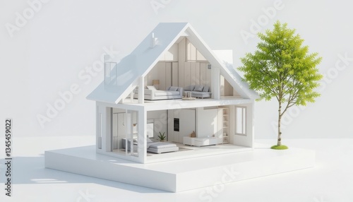 Cross section of a modern house with interior details and tree beside it on a white background