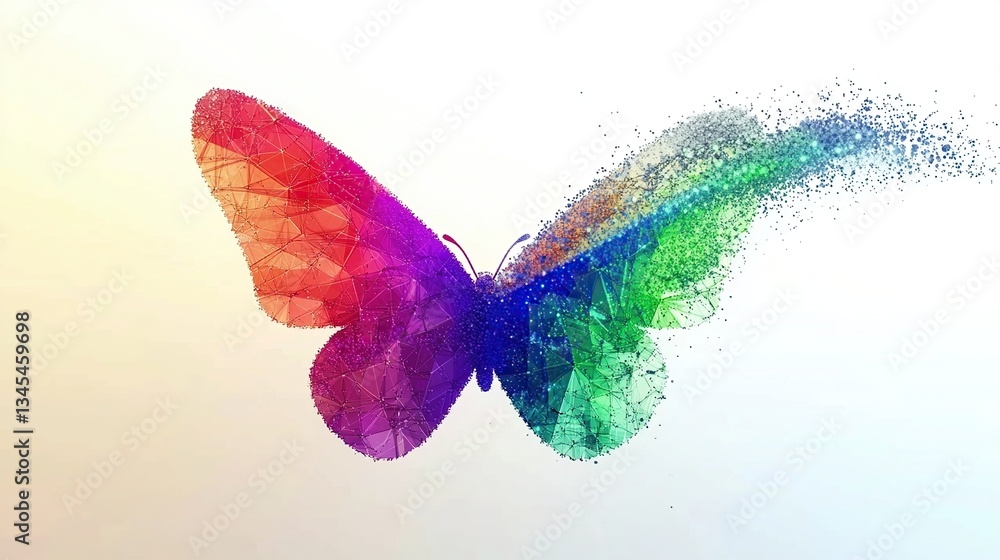 Obraz premium Colorful butterfly silhouette made of particles in a low-poly design, set against a white background, ideal for a logo. 