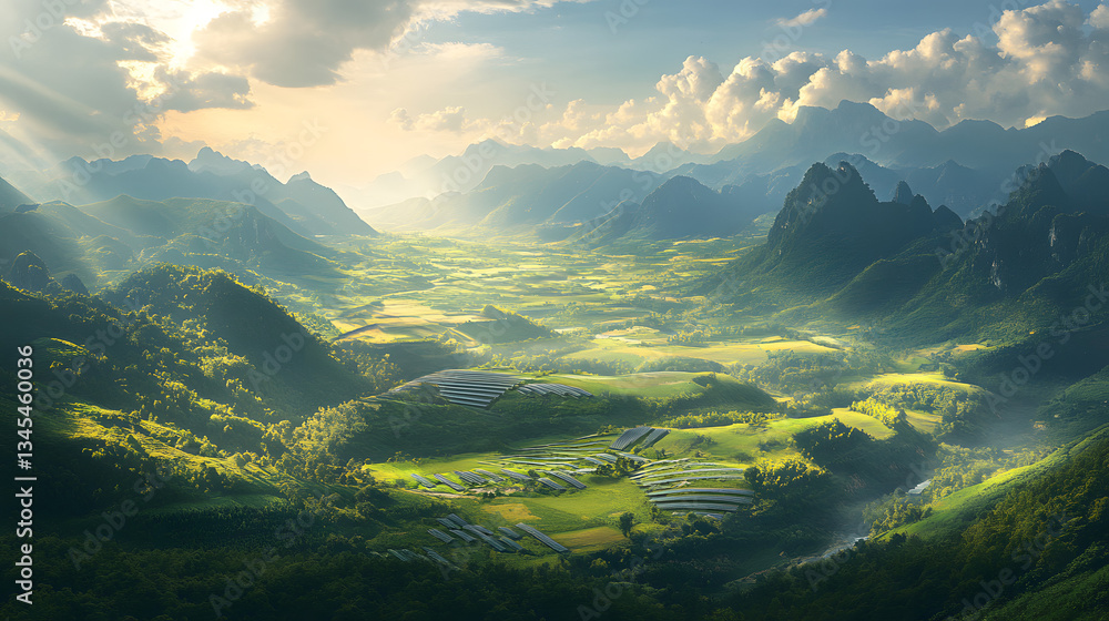 A beautiful view of a sunlit valley with solar energy harnessed through panels placed across vast green fields, promoting renewable energy solutions. A beautiful view of a sunlit valley with solar energy harnessed through panels placed across vast green fields, promoting renewable energy solutions.