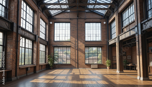 Wallpaper Mural Large windows and exposed masonry in an industrial-style loft with a clear backdrop Torontodigital.ca