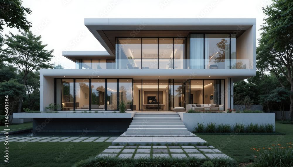 Large glass windows and a clean, modern, minimalist home with a secluded Large glass windows and a clean, modern, minimalist home with a secluded