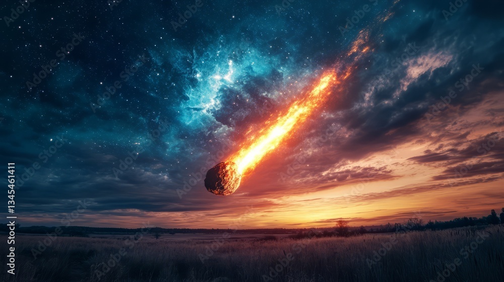 Obraz premium An asteroid streaking across the sky at dusk, glowing with intense light 