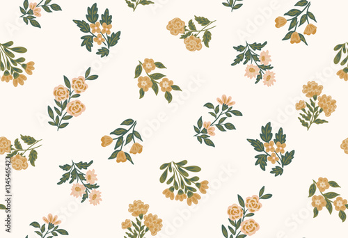 Hand painted little floral plants in clusters during spring time in colors of yellow, cream and green on off white background. Easter seamless vector pattern. Great for home decor, fabric, wallpaper.