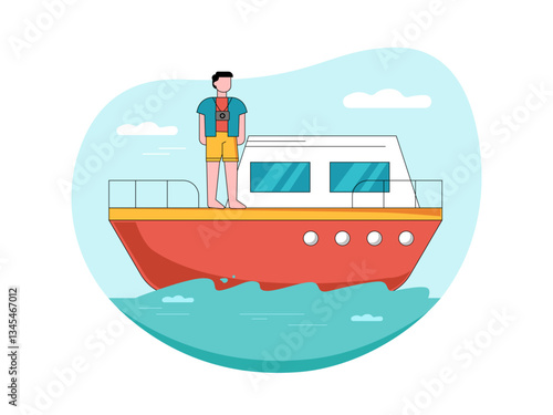 Man on the yacht illustration. Yacht illustration. Flat vector illustration concept.