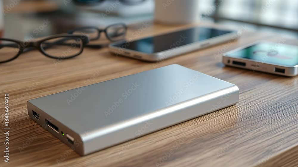 Compact power bank in a matte silver finish, lying on a wooden desk with blurred smartphones and charging cables in the background. Compact power bank in a matte silver finish, lying on a wooden desk with blurred smartphones and charging cables in the background.