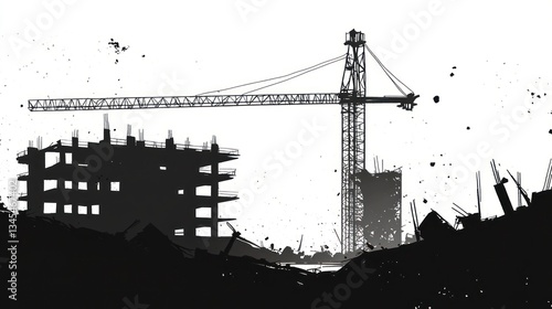 Construction site silhouette, rubble, crane, destruction, grayscale image, possible use for architectural, engineering, or disaster themed illustration