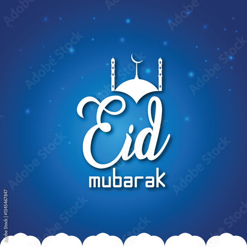 Eid al-Adha Mubarak celebration with lanterns, crescent moon, and mosque silhouette