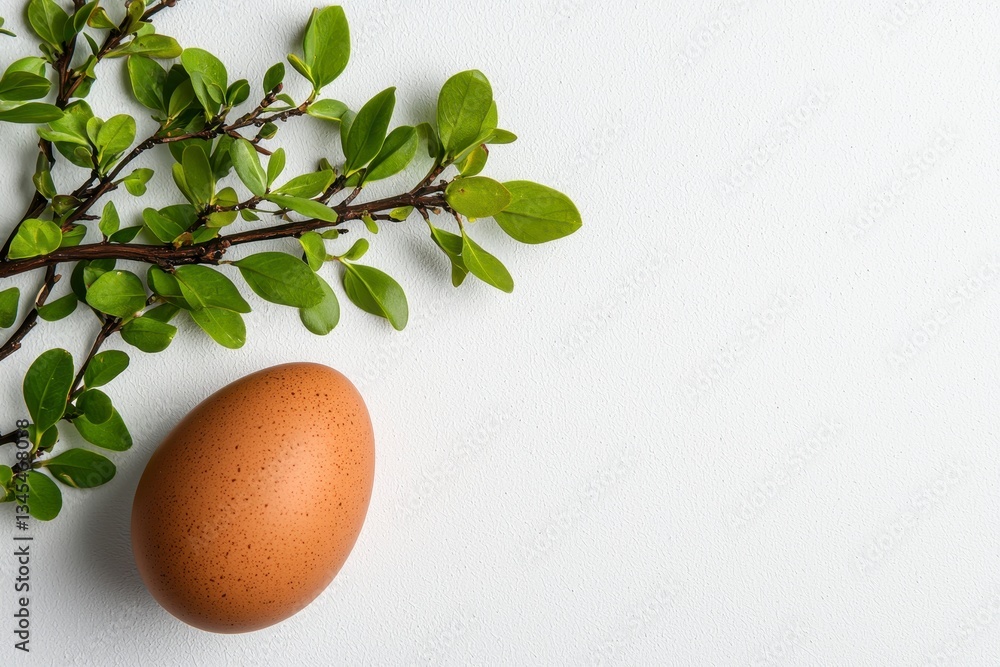 Brown Speckled Egg and Green Spring Branch on White Background Brown Speckled Egg and Green Spring Branch on White Background