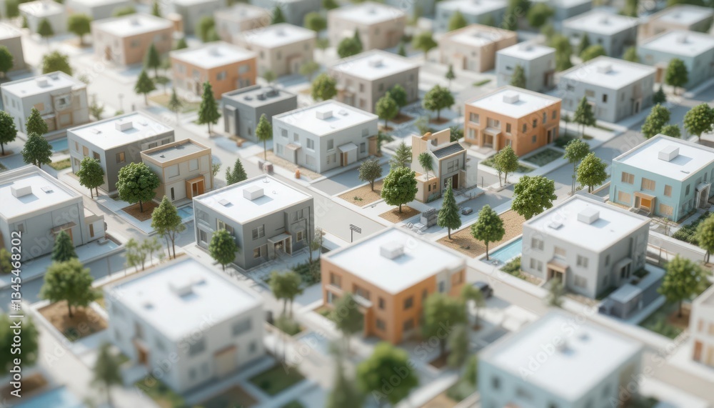 Fototapeta premium Aerial view of a suburban neighborhood with trees and bright, colorful homes