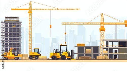 Construction site, cranes, and heavy equipment, modern city background, illustration, stock photo