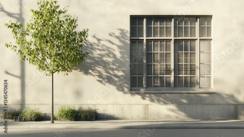 Fototapeta Naklejka Na Ścianę i Meble -  Small Tree and Large Window on a Beige Building