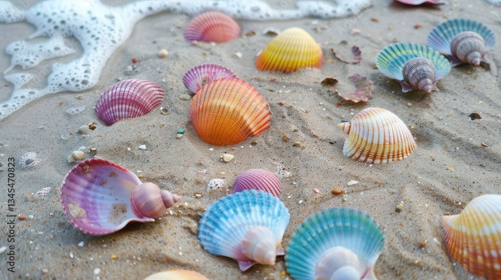 Colorful Seashells on Sandy Beach with Gentle Wave Holiday Background Colorful Seashells on Sandy Beach with Gentle Wave Holiday Background