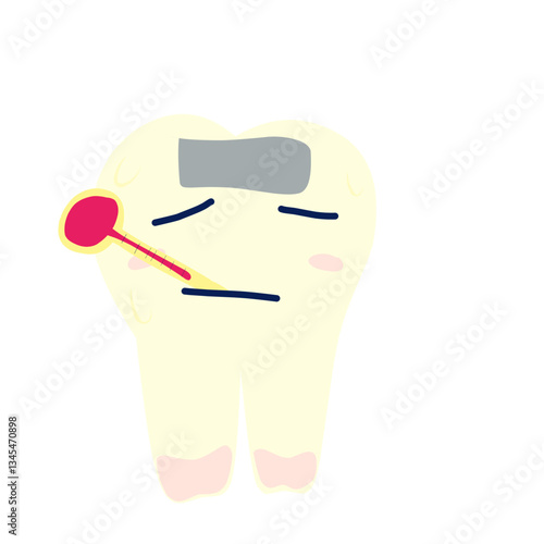 Cartoon illustration of a sore tooth being compressed and using a thermometer 