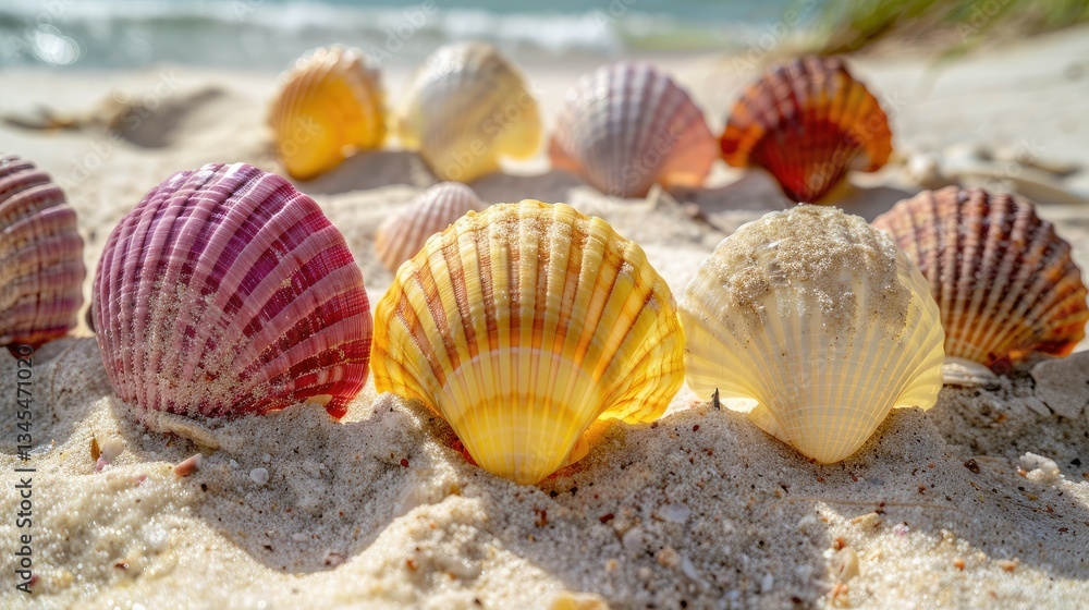 Colorful Seashells on Sandy Beach with Ocean View Ideal for Summer Colorful Seashells on Sandy Beach with Ocean View Ideal for Summer