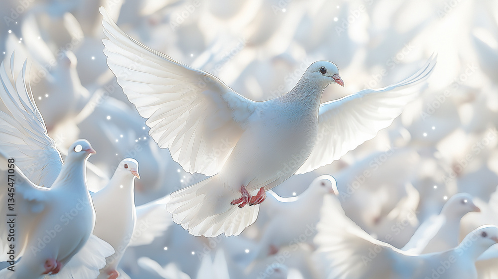 Fototapeta premium White doves flying in soft light