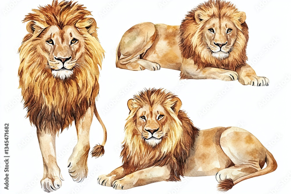 Obraz premium Set of watercolor noble lions hand drawn on a white background