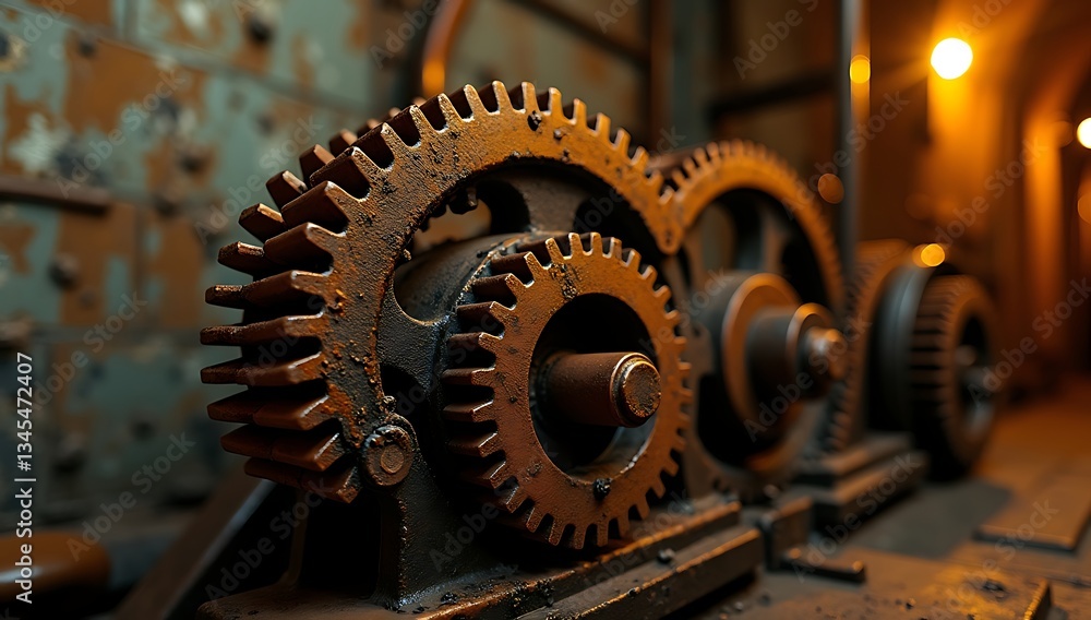 Close-Up of Rusty Metal Gears in an Old Factory, Symbolizing Industrial Age Mechanics and Vintage Machinery Close-Up of Rusty Metal Gears in an Old Factory, Symbolizing Industrial Age Mechanics and Vintage Machinery