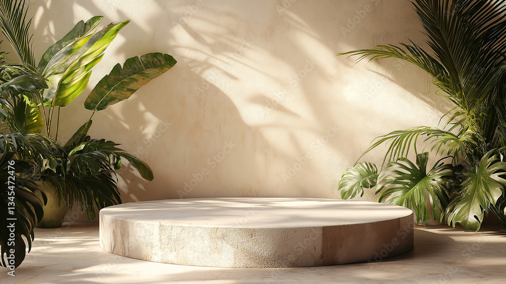 Stone podium mockup with sand for showcasing cosmetic products Stone podium mockup with sand for showcasing cosmetic products