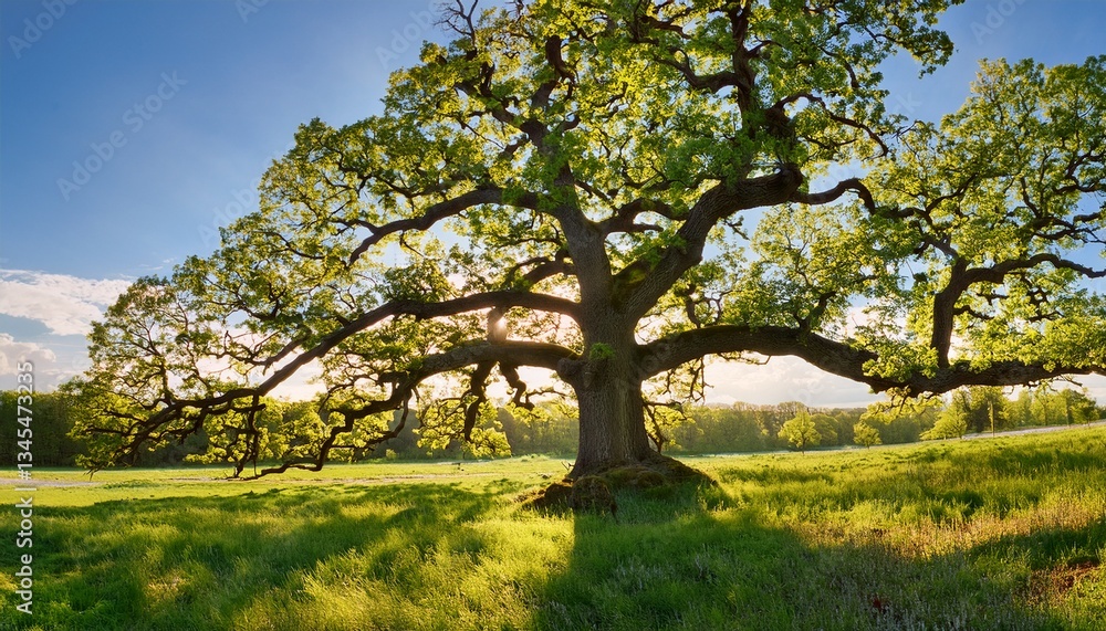 old oak tree with expansive branches sunlit by spring sun old oak tree with expansive branches sunlit by spring sun