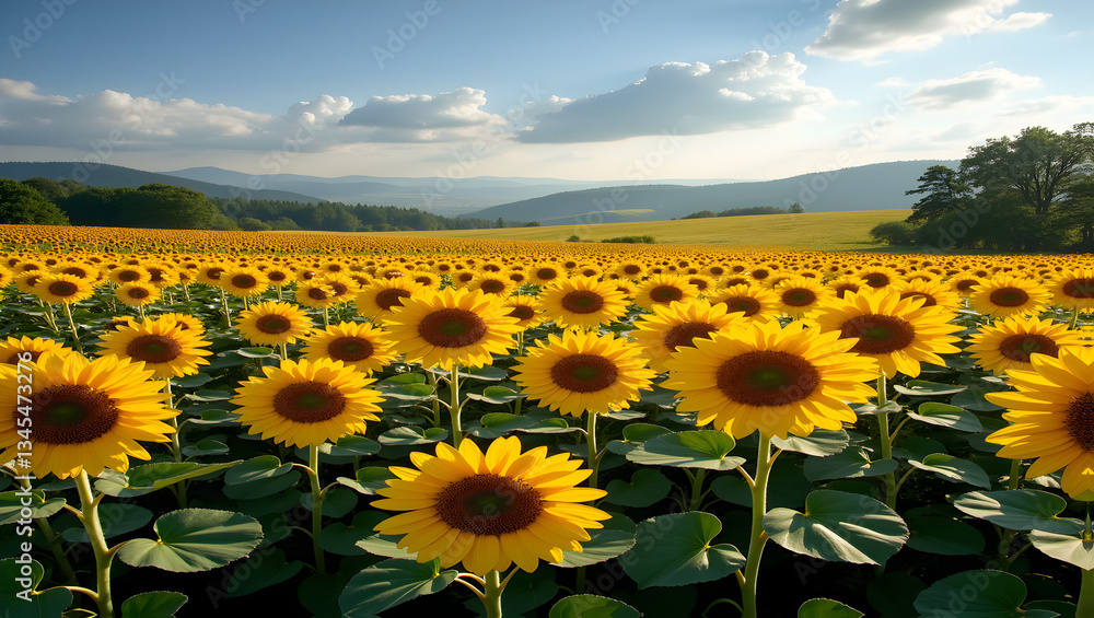 Fototapeta premium Picturesque countryside with blooming sunflower fields