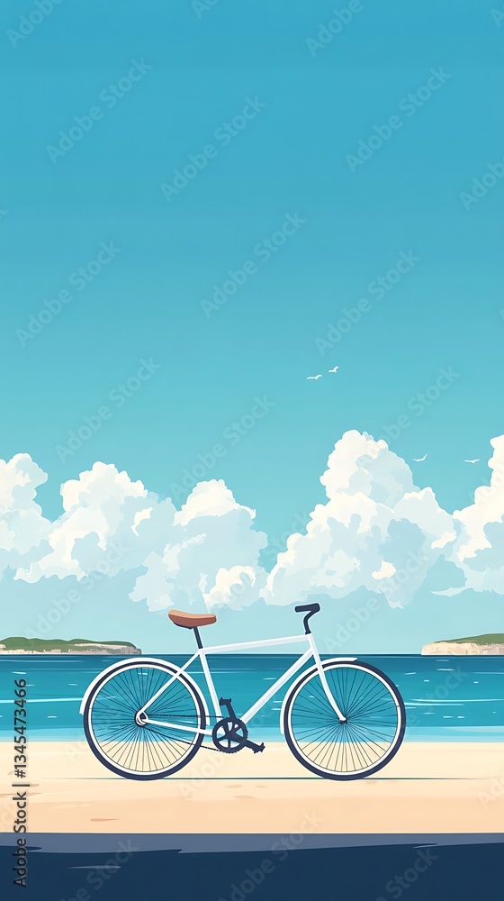 Fototapeta premium White Bicycle on Sunny Beach Illustration for Vacation and Relaxation with Tranquil Ocean View