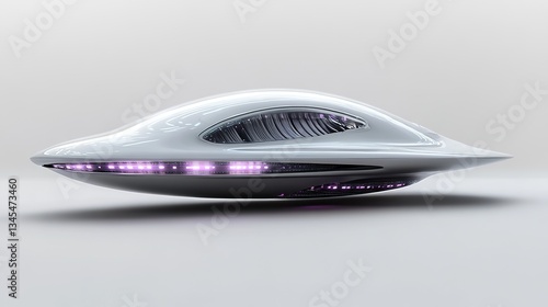 A shiny futuristic flying craft hovers against a white background