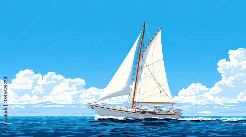 Fototapeta premium Pixel Art Sailboat on a Calm Ocean Under a Sunny Sky