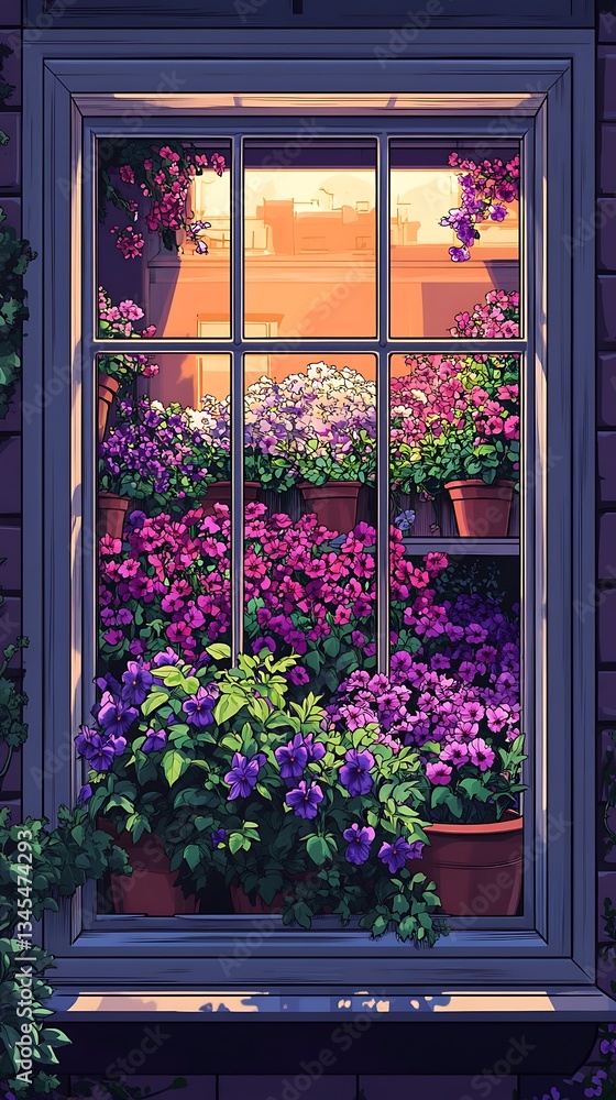 Fototapeta premium Window Box Garden Overflowing With Purple Blossoms and Lush Greenery Under Soft Sunset Light Harmony