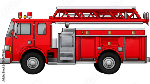 Illustration of a Vibrant Red Fire Truck with an Extended Ladder Ready for Emergency Response Vehicle Featuring Detailed Equipment and a Transparent Background