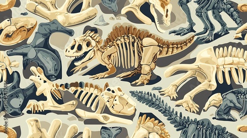 Fototapeta Naklejka Na Ścianę i Meble -  Seamless background pattern of dinosaur bones and fossils perfect for wrapping paper designs