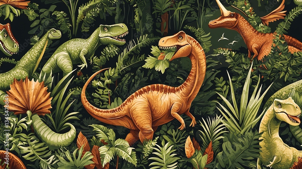 Fototapeta premium Seamless pattern of different types of dinosaurs eating leaves in a lush forest perfect for fabric design