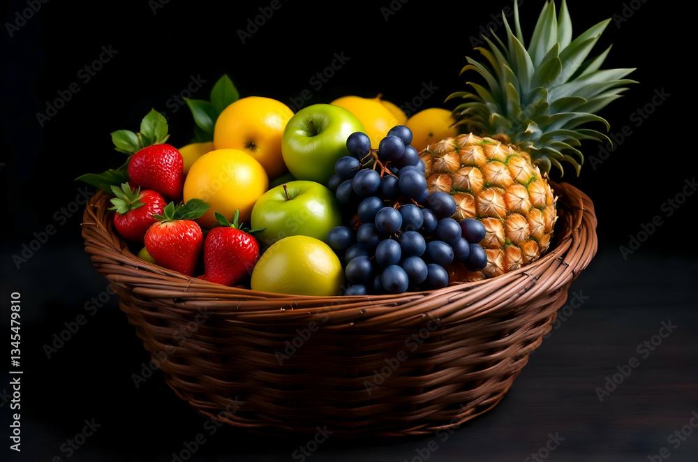 Fresh and Colorful Fruit Basket with Pineapple, Grapes, and Apples Fresh and Colorful Fruit Basket with Pineapple, Grapes, and Apples