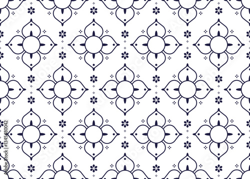 Seamless dark blue line lotus blooming on white background, ethnic fabric seamless pattern, design for cloth, carpet, batik, wallpaper, wrapping etc.